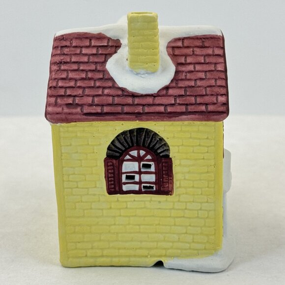 Vintage Lotus Ceramic Christmas Village Yellow House Figurine Snowy Accents 4" - Picture 4 of 9